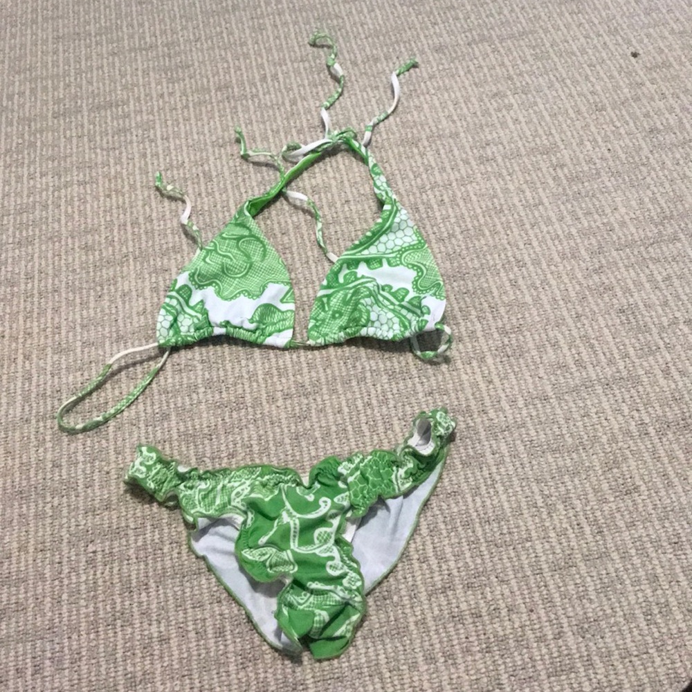 Green white geometric pattern bikini small